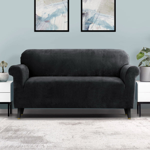 Artiss Velvet Sofa Cover Plush Couch Cover Lounge Slipcover 3 Seater Black Artiss