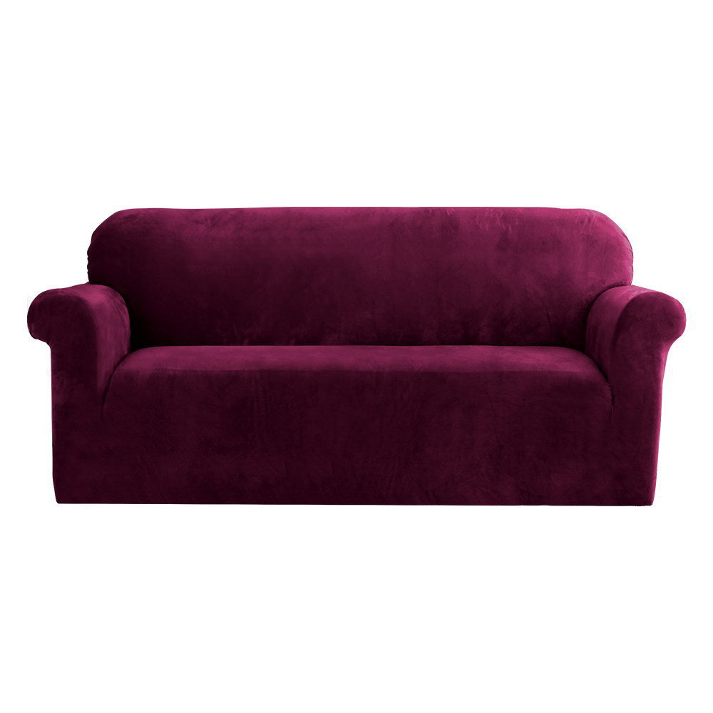 Artiss Velvet Sofa Cover Plush Couch Cover Lounge Slipcover 3 Seater Ruby Red Artiss