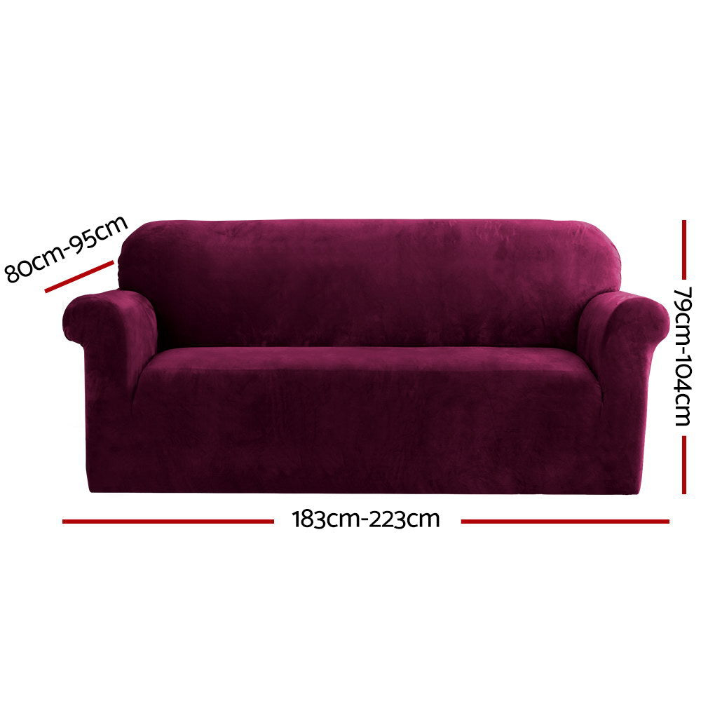 Artiss Velvet Sofa Cover Plush Couch Cover Lounge Slipcover 3 Seater Ruby Red Artiss
