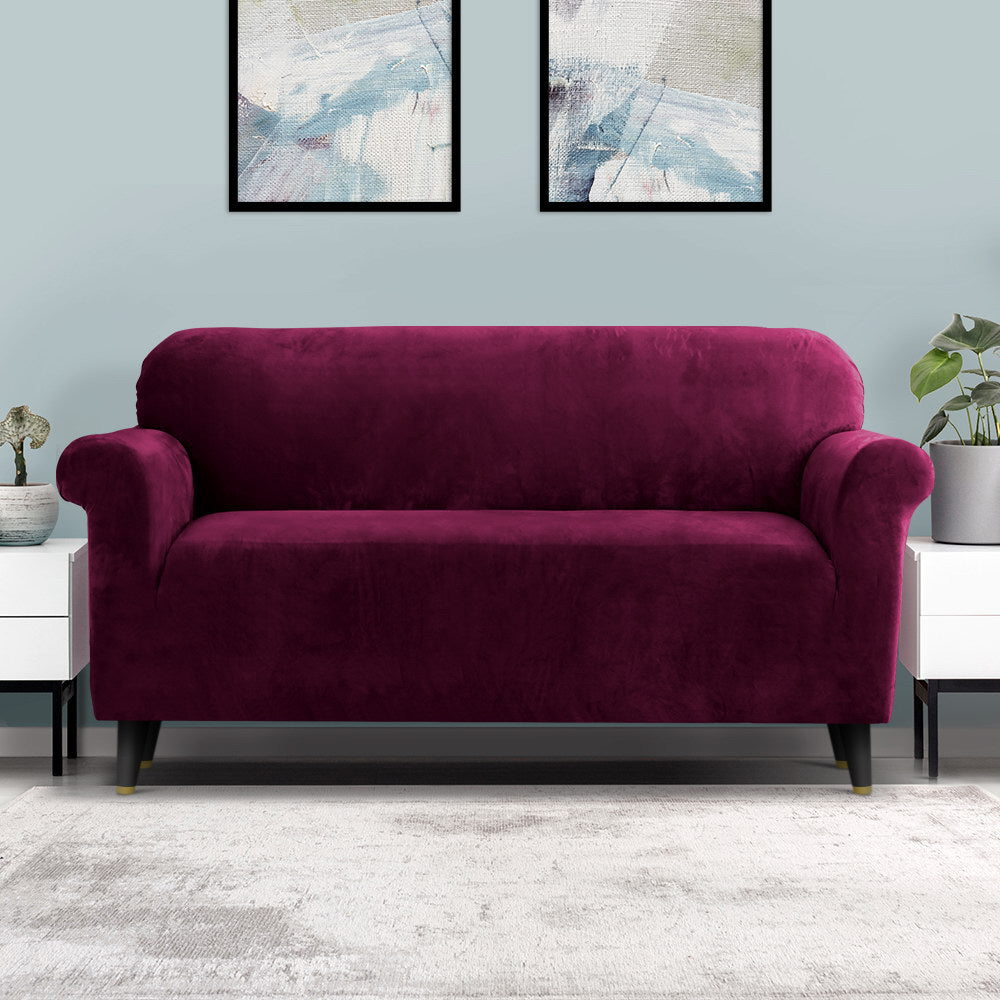 Artiss Velvet Sofa Cover Plush Couch Cover Lounge Slipcover 3 Seater Ruby Red Artiss
