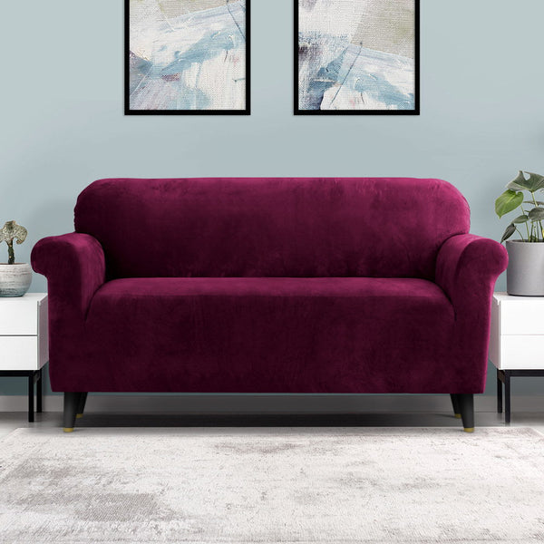 Artiss Velvet Sofa Cover Plush Couch Cover Lounge Slipcover 3 Seater Ruby Red Artiss