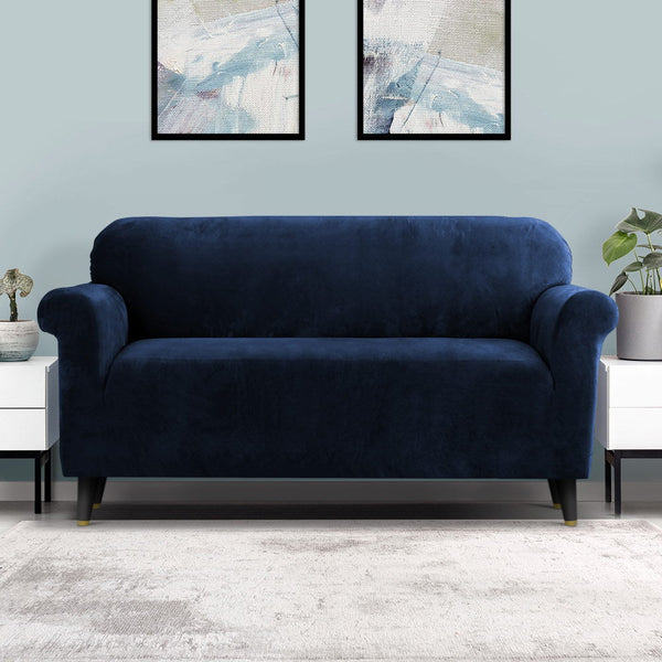 Artiss Velvet Sofa Cover Plush Couch Cover Lounge Slipcover 3 Seater Sapphire Artiss