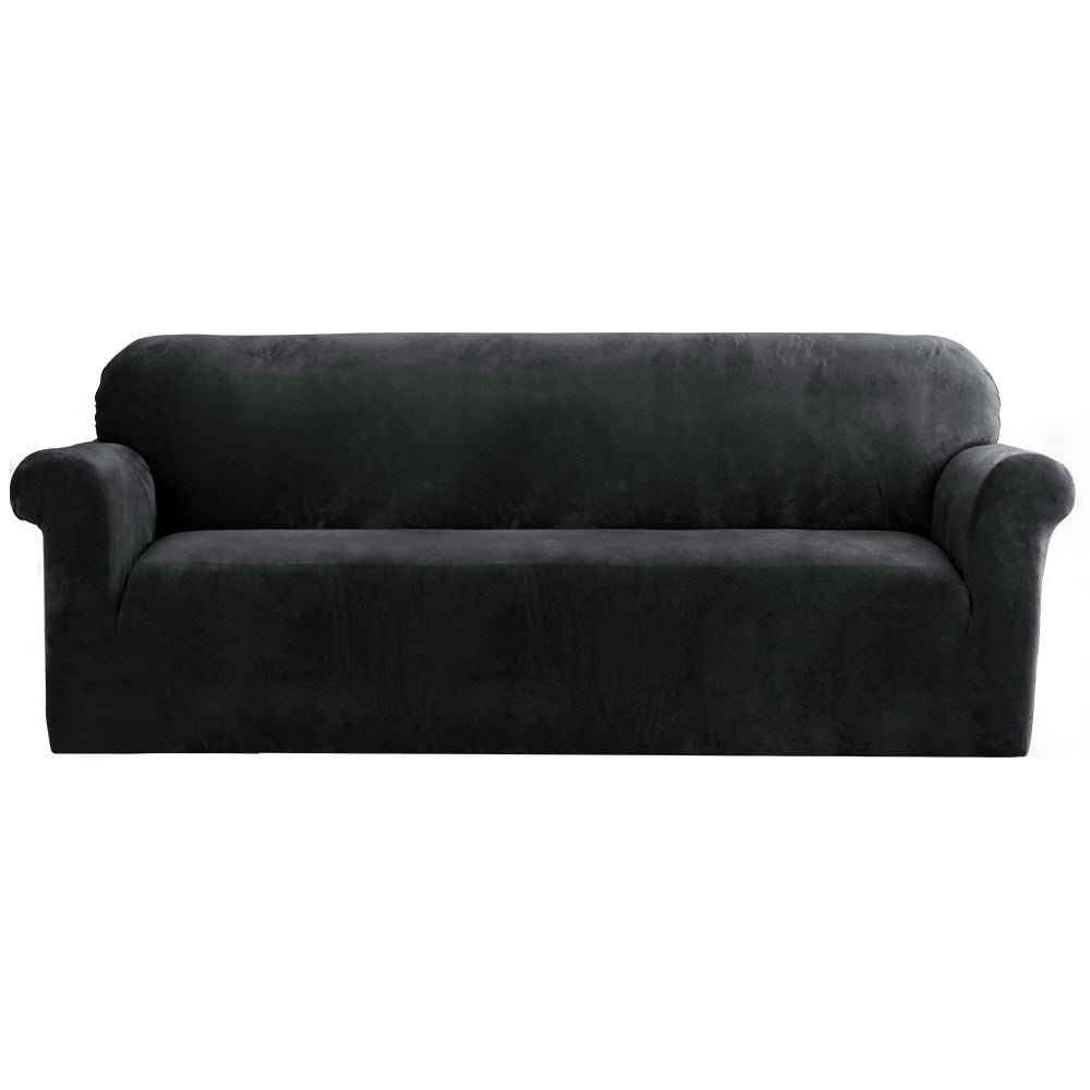 Artiss Velvet Sofa Cover Plush Couch Cover Lounge Slipcover 4 Seater Black Artiss