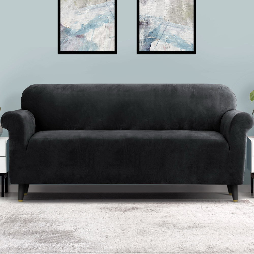Artiss Velvet Sofa Cover Plush Couch Cover Lounge Slipcover 4 Seater Black Artiss