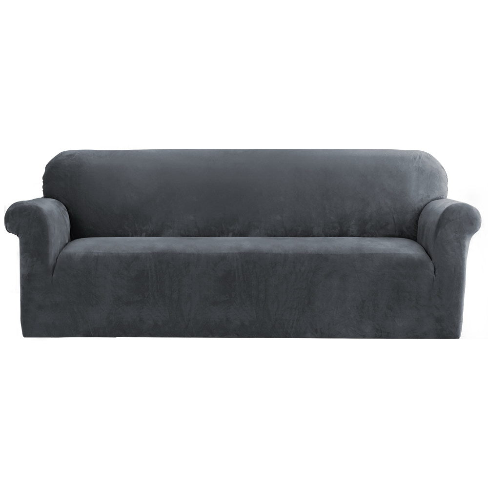 Artiss Velvet Sofa Cover Plush Couch Cover Lounge Slipcover 4 Seater Grey Artiss