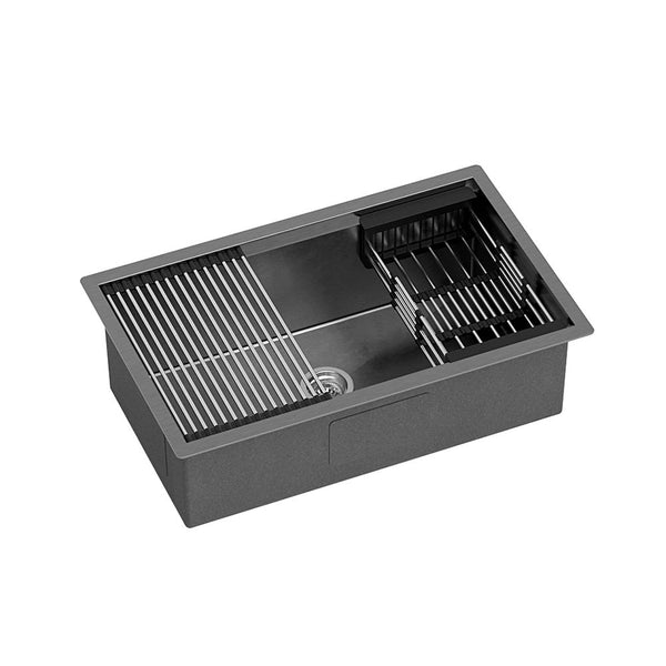 Cefito Kitchen Sink Stainless Steel 70X45CM Single Bowel with Drying Rack Black Cefito