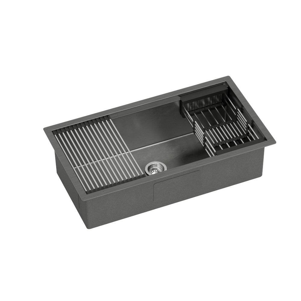 Cefito Kitchen Sink Stainless Steel 81X45CM Single Bowel with Drying Rack Black Cefito