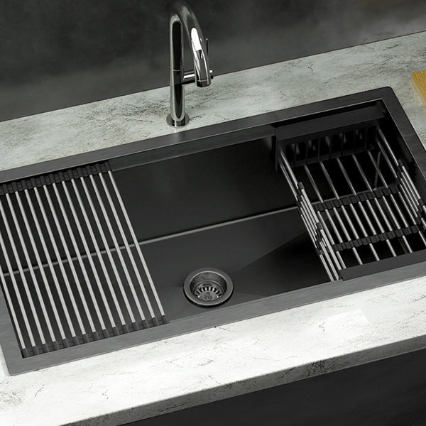 Cefito Kitchen Sink Stainless Steel 81X45CM Single Bowel with Drying Rack Black Cefito