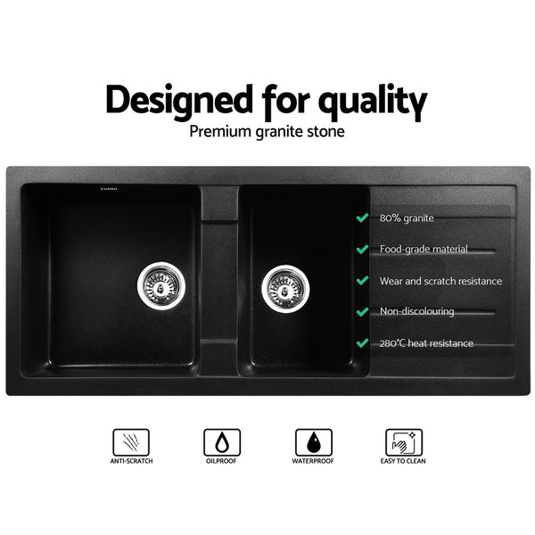 Cefito Stone Kitchen Sink 1160X500MM Granite Under/Topmount Basin Double Bowl Black freeshipping - Awezingly