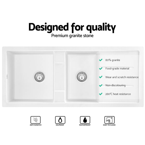 Cefito Stone Kitchen Sink 1160X500MM Granite Under/Topmount Basin Double Bowl White freeshipping - Awezingly