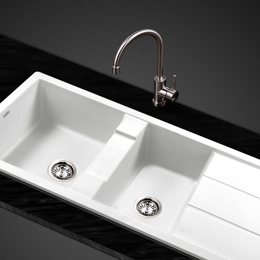 Cefito Stone Kitchen Sink 1160X500MM Granite Under/Topmount Basin Double Bowl White freeshipping - Awezingly