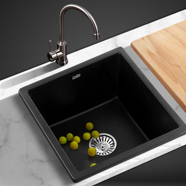 Cefito Stone Kitchen Sink 450X450MM Granite Under/Topmount Basin Bowl Laundry Black freeshipping - Awezingly
