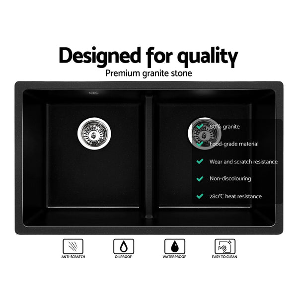 Cefito Stone Kitchen Sink 790X460MM Granite Under/Topmount Basin Double Bowl Black freeshipping - Awezingly