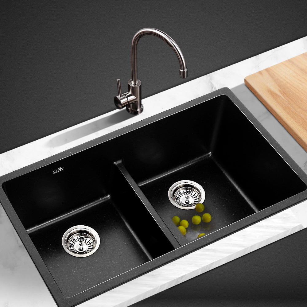Cefito Stone Kitchen Sink 790X460MM Granite Under/Topmount Basin Double Bowl Black freeshipping - Awezingly