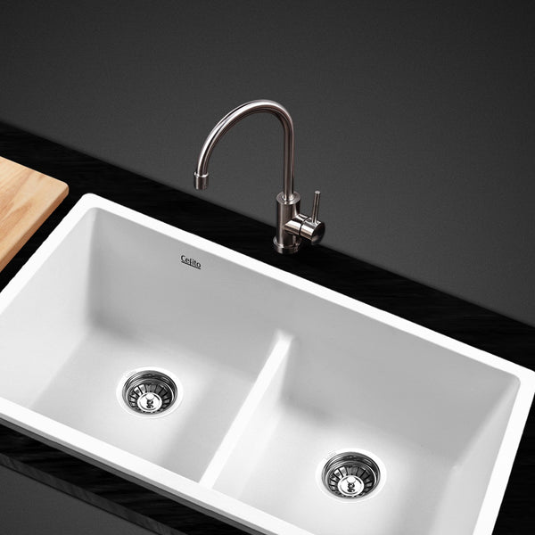 Cefito Stone Kitchen Sink 790X460MM Granite Under/Topmount Basin Double Bowl White freeshipping - Awezingly