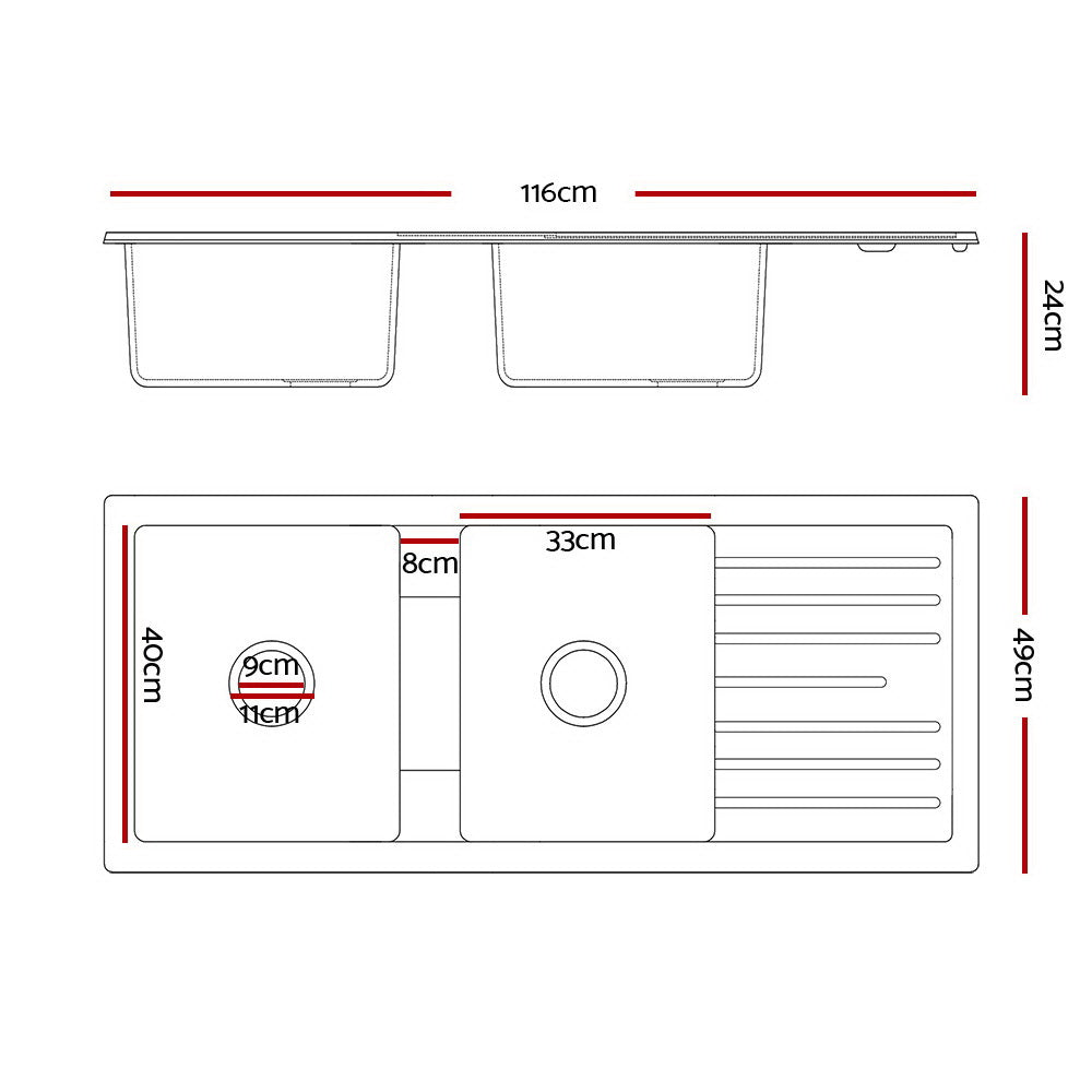 Cefito Kitchen Sink Stone Sink Granite Laundry Basin Double Bowl 116x49cm Black Cefito