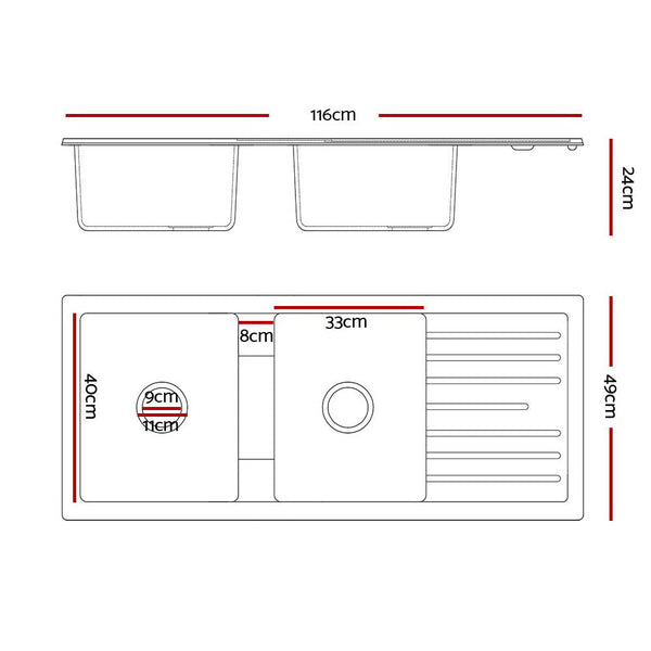Cefito Kitchen Sink Stone Sink Granite Laundry Basin Double Bowl 116x49cm Black Cefito