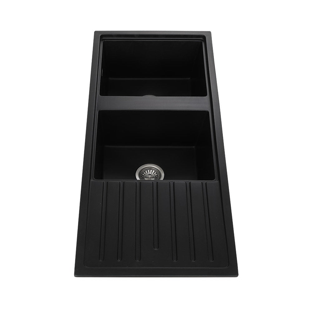 Cefito Kitchen Sink Stone Sink Granite Laundry Basin Double Bowl 116x49cm Black Cefito