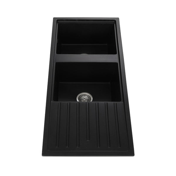 Cefito Kitchen Sink Stone Sink Granite Laundry Basin Double Bowl 116x49cm Black Cefito