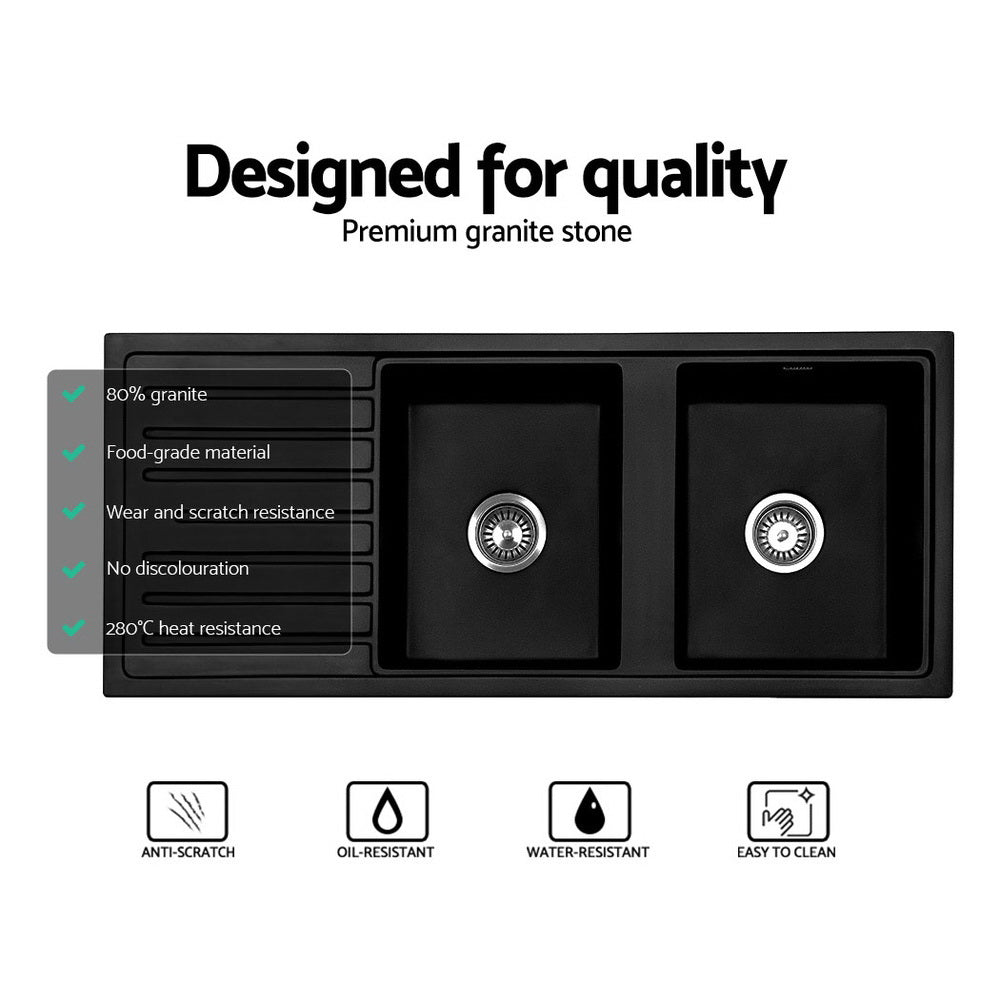 Cefito Kitchen Sink Stone Sink Granite Laundry Basin Double Bowl 116x49cm Black Cefito