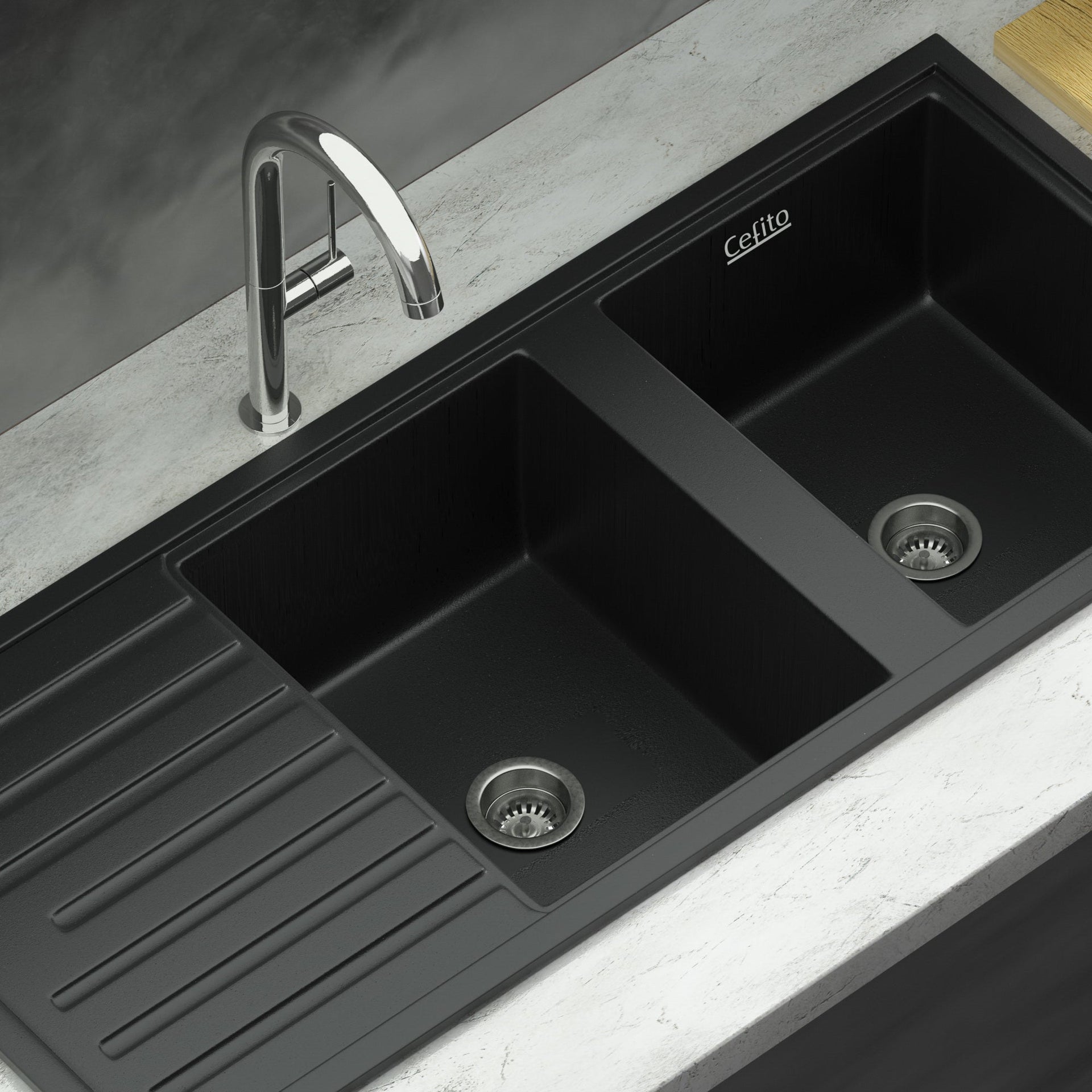 Cefito Kitchen Sink Stone Sink Granite Laundry Basin Double Bowl 116x49cm Black Cefito