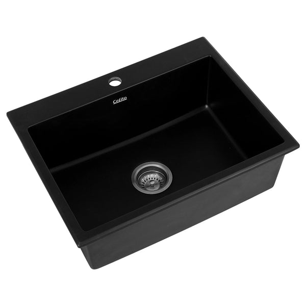 Cefito Kitchen Sink Granite Stone Sinks Basin Single Bowl Black 600mmx470mm Does not apply