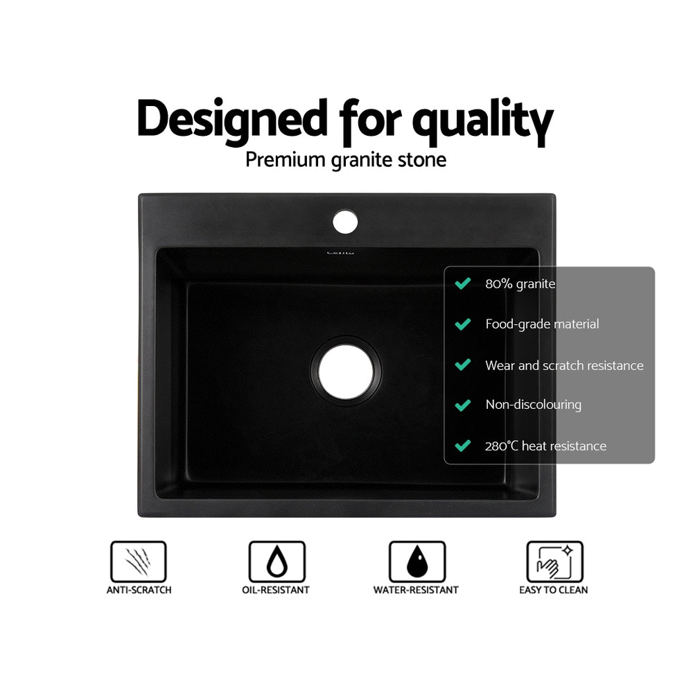 Cefito Kitchen Sink Granite Stone Sinks Basin Single Bowl Black 600mmx470mm Does not apply