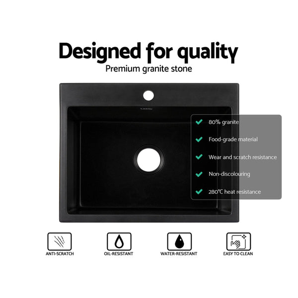 Cefito Kitchen Sink Granite Stone Sinks Basin Single Bowl Black 600mmx470mm Does not apply