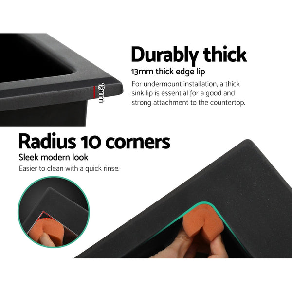 Cefito Kitchen Sink Granite Stone Sinks Basin Single Bowl Black 600mmx470mm Does not apply