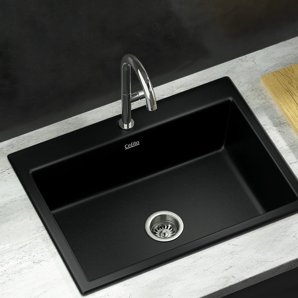 Cefito Kitchen Sink Granite Stone Sinks Basin Single Bowl Black 600mmx470mm Does not apply