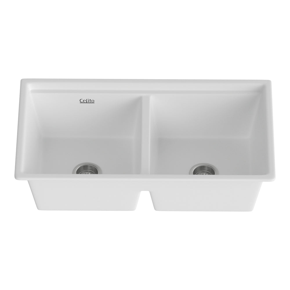 Cefito Kitchen Sink Stone Sink Granite Laundry Basin Double Bowl 79cmx46cm White Cefito
