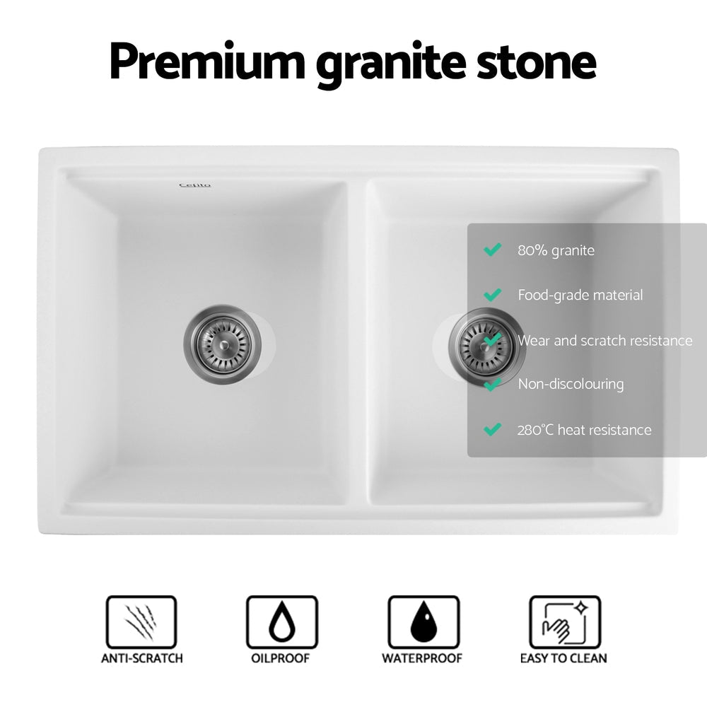 Cefito Kitchen Sink Stone Sink Granite Laundry Basin Double Bowl 79cmx46cm White Cefito