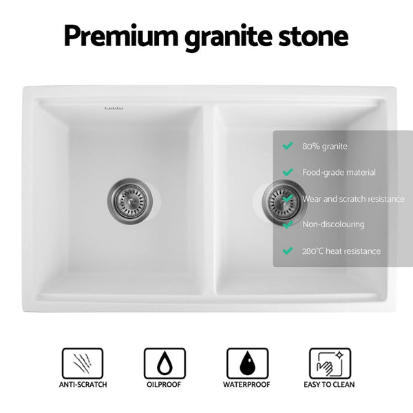Cefito Kitchen Sink Stone Sink Granite Laundry Basin Double Bowl 79cmx46cm White Cefito