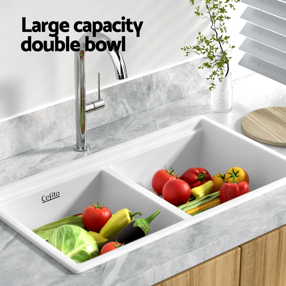 Cefito Kitchen Sink Stone Sink Granite Laundry Basin Double Bowl 79cmx46cm White Cefito