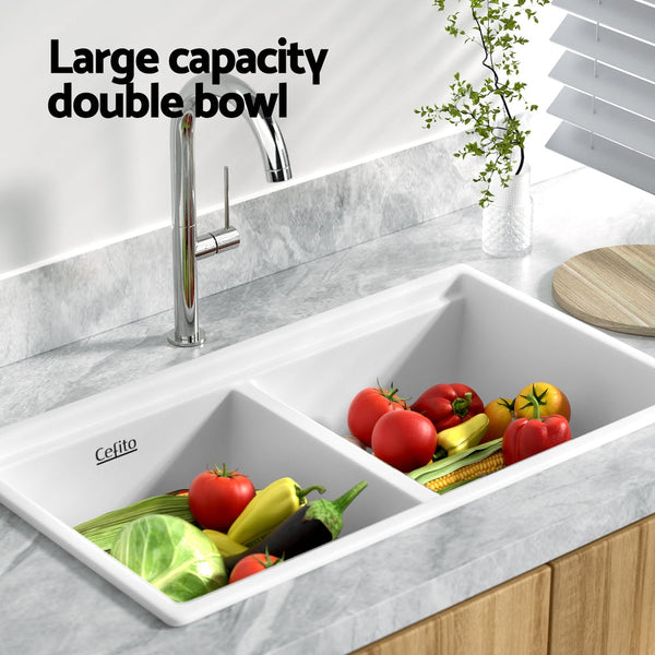 Cefito Kitchen Sink Stone Sink Granite Laundry Basin Double Bowl 79cmx46cm White Cefito