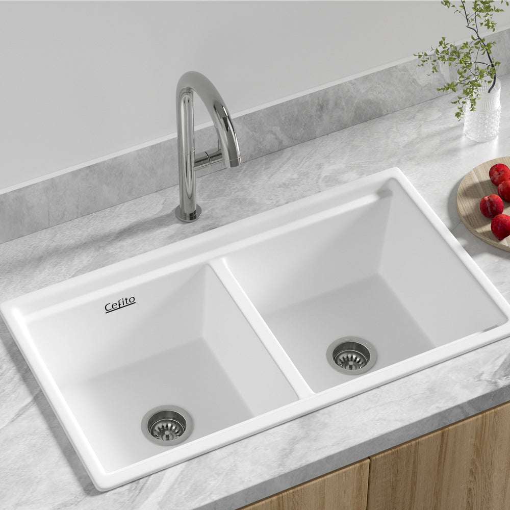 Cefito Kitchen Sink Stone Sink Granite Laundry Basin Double Bowl 79cmx46cm White Cefito