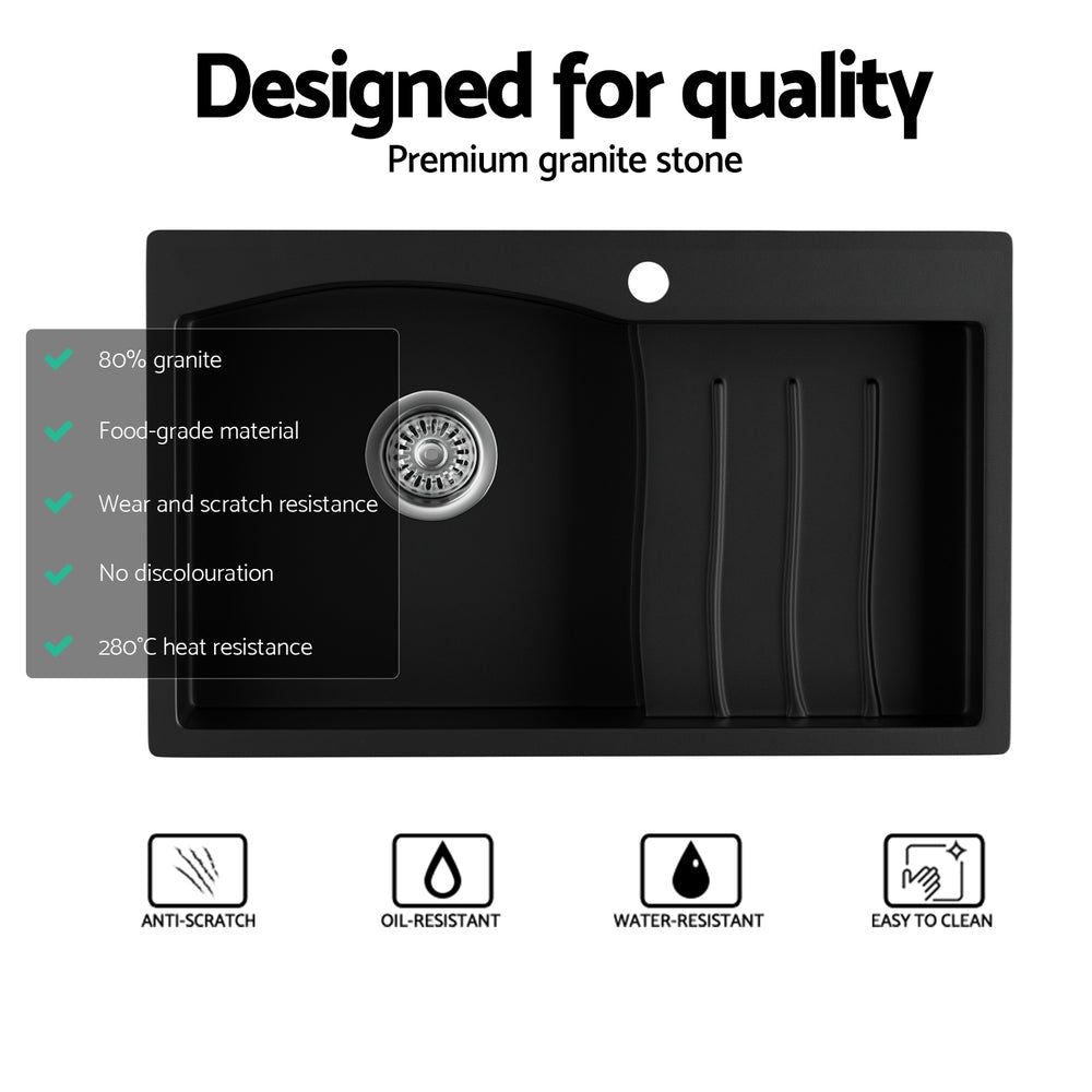 Cefito Kitchen Sink 74X45CM Granite Stone Basin Single Bowl Laundry Black Cefito