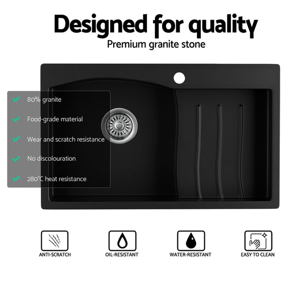 Cefito Kitchen Sink 74X45CM Granite Stone Basin Single Bowl Laundry Black Cefito