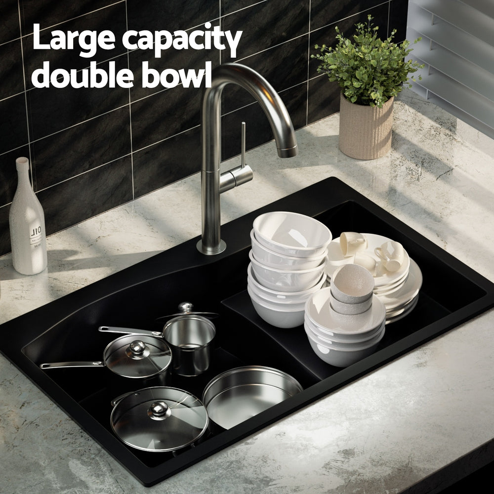 Cefito Kitchen Sink 74X45CM Granite Stone Basin Single Bowl Laundry Black Cefito