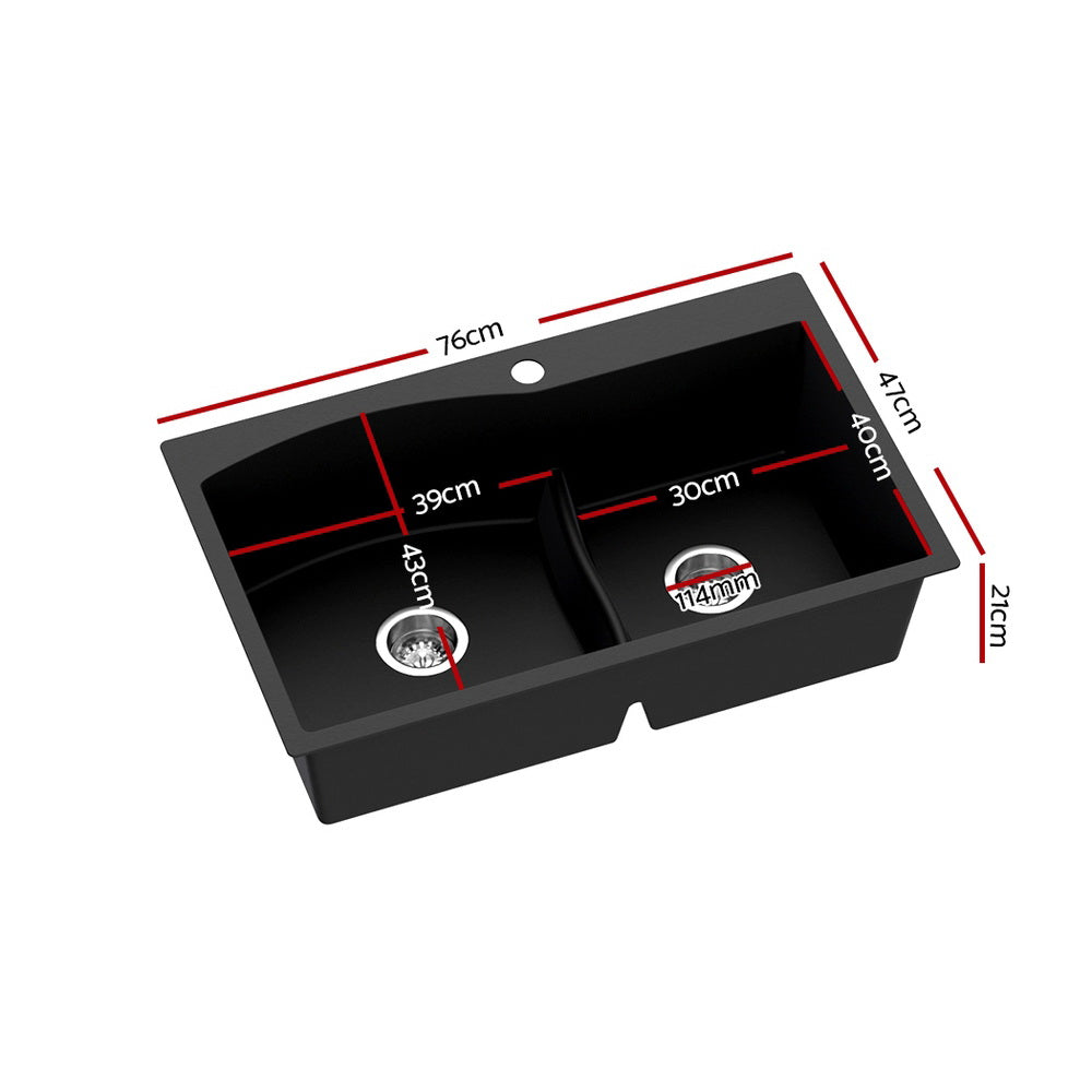 Cefito Kitchen Sink 76X47CM Granite Stone Basin Double Bowl Laundry Black Cefito