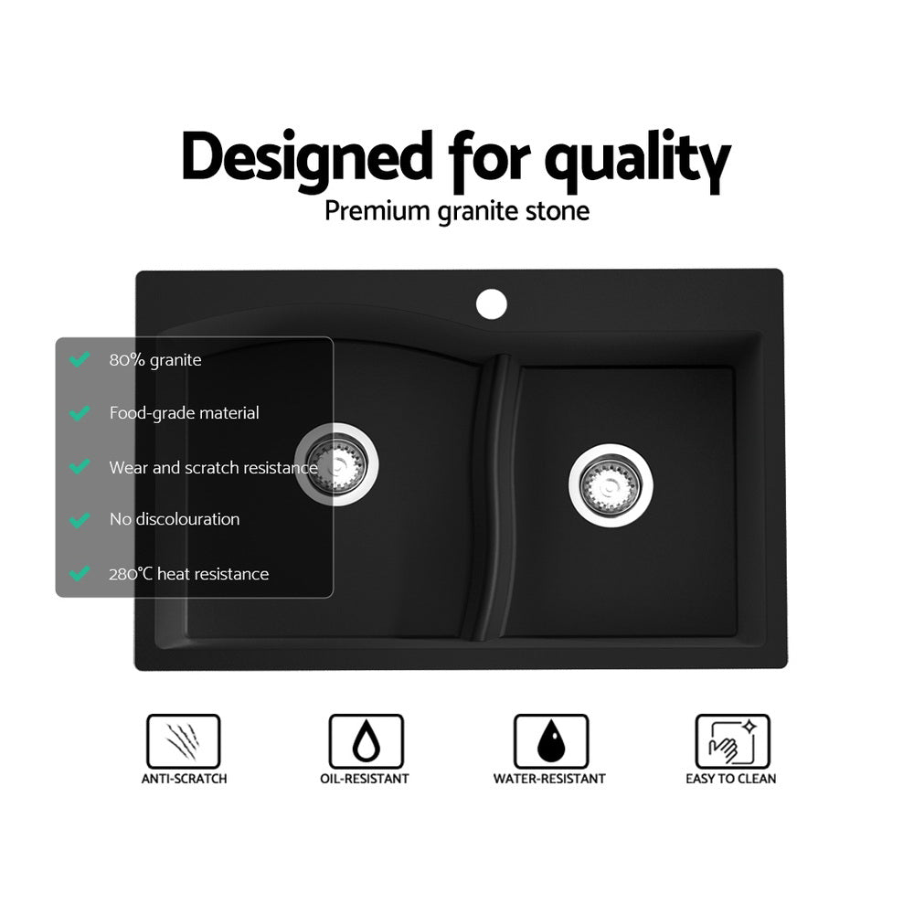 Cefito Kitchen Sink 76X47CM Granite Stone Basin Double Bowl Laundry Black Cefito