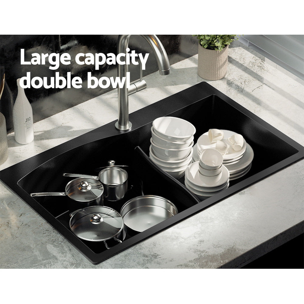 Cefito Kitchen Sink 76X47CM Granite Stone Basin Double Bowl Laundry Black Cefito