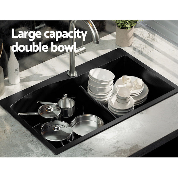 Cefito Kitchen Sink 76X47CM Granite Stone Basin Double Bowl Laundry Black Cefito