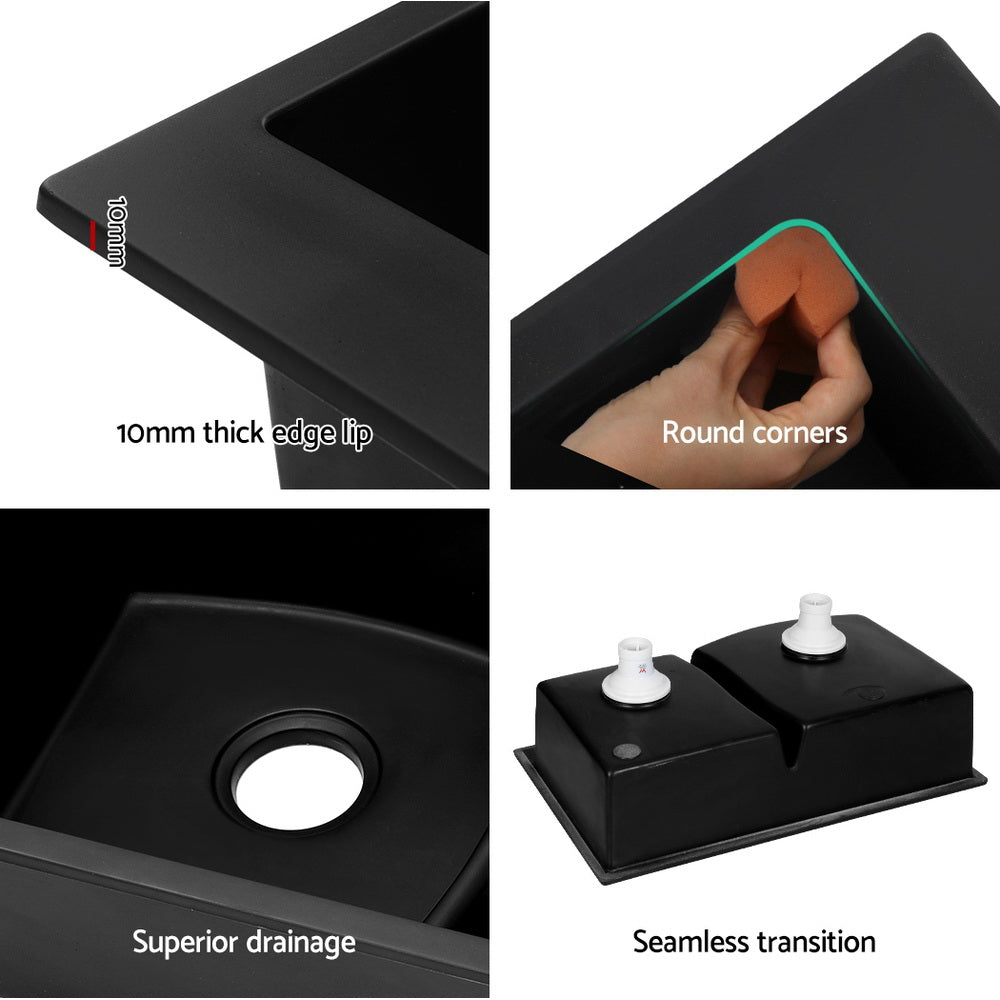 Cefito Kitchen Sink 76X47CM Granite Stone Basin Double Bowl Laundry Black Cefito