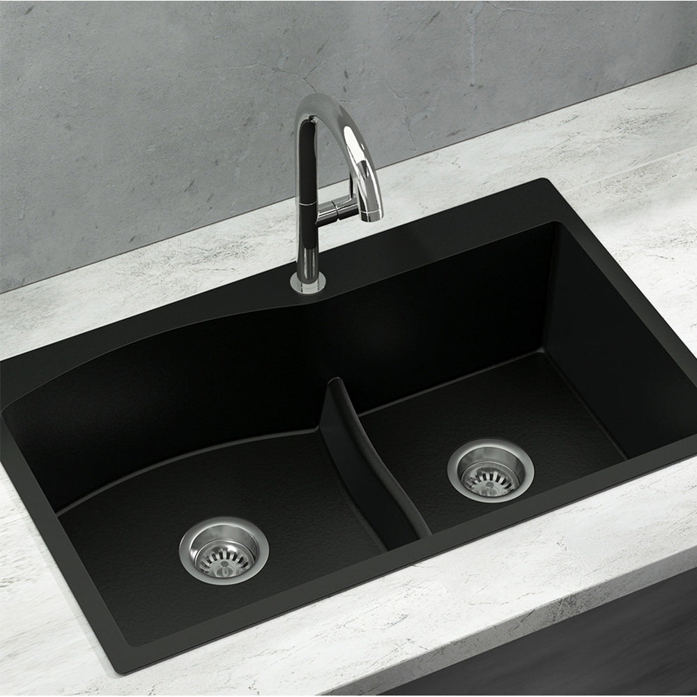 Cefito Kitchen Sink 76X47CM Granite Stone Basin Double Bowl Laundry Black Cefito