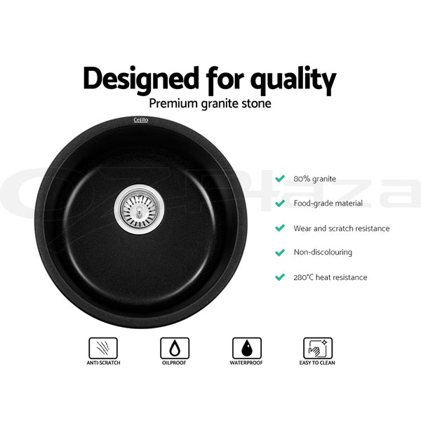 Cefito Stone Kitchen Sink Round 430MM Granite Under/Topmount Basin Bowl Laundry Black freeshipping - Awezingly