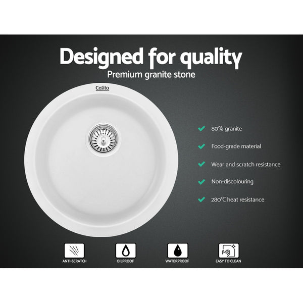 Cefito Stone Kitchen Sink Round 430MM Granite Under/Topmount Basin Bowl Laundry White freeshipping - Awezingly