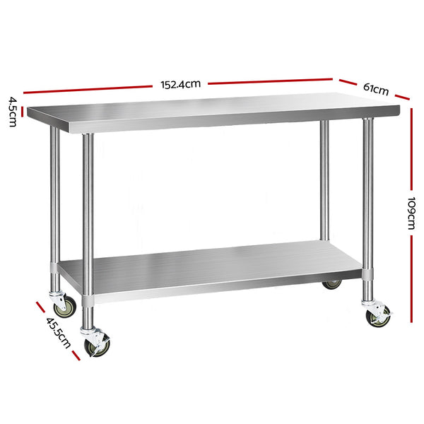 Cefito 304 Stainless Steel Kitchen Benches Work Bench Food Prep Table with Wheels 1524MM x 610MM freeshipping - Awezingly
