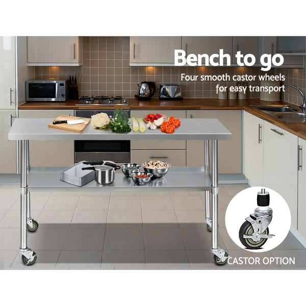 Cefito 304 Stainless Steel Kitchen Benches Work Bench Food Prep Table with Wheels 1524MM x 610MM freeshipping - Awezingly