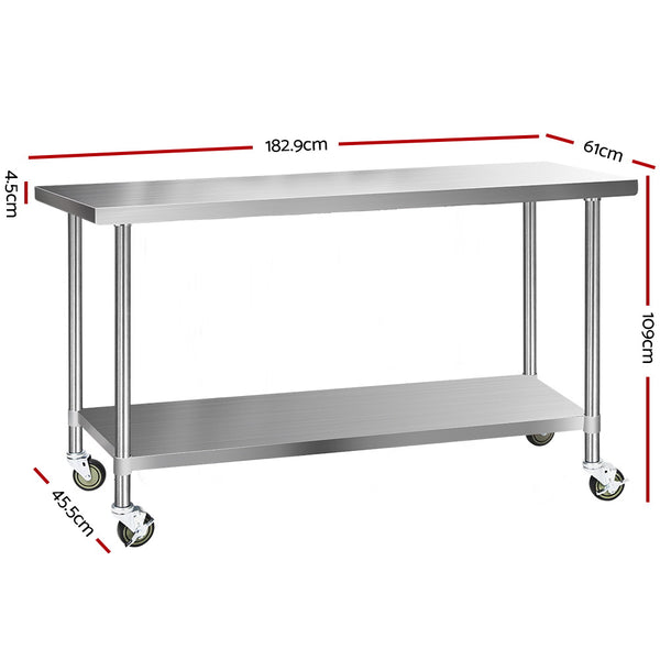 Cefito 304 Stainless Steel Kitchen Benches Work Bench Food Prep Table with Wheels 1829MM x 610MM freeshipping - Awezingly